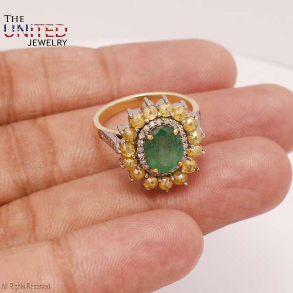 925 Sterling Silver Oval Emerald Sunburst Ring