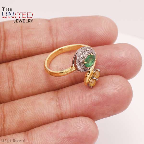 925 Sterling Silver Emerald & Citrine Bypass Ring