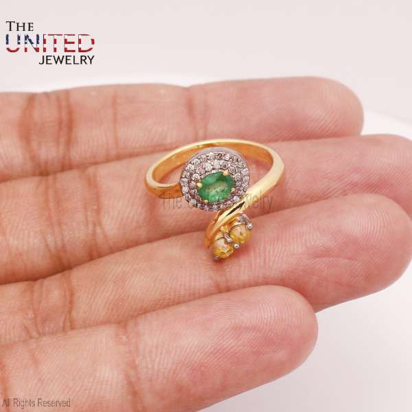 925 Sterling Silver Emerald & Citrine Bypass Ring