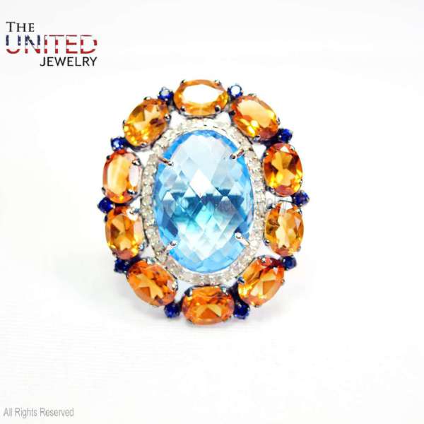 925 Sterling Silver Blue Topaz & Citrine Sunburst Cocktail Ring