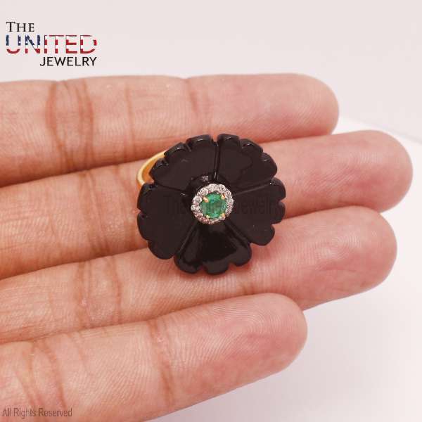 Carved Black Onyx Flower Ring | 925 Sterling Silver Green Gemstone Statement Band