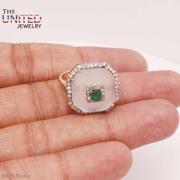 925 Sterling Silver Emerald & Rose Quartz Halo Ring