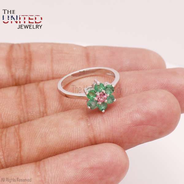 Natural Emerald & Pink Tourmaline Flower Ring in 925 Sterling Silver