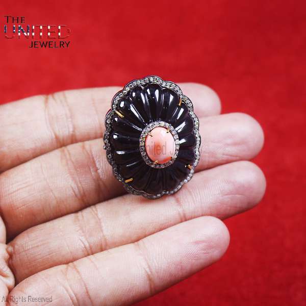 Natural Pink Coral & Carved Black Onyx Statement Ring in 925 Sterling Silver