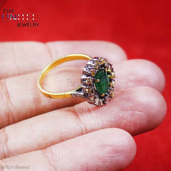 925 Sterling Silver Natural Emerald Oval Halo Ring – Vintage Victorian Two-Tone Statement Band
