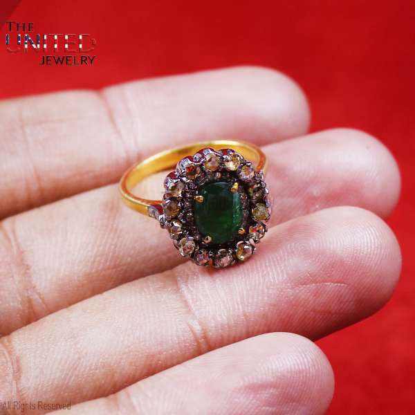 925 Sterling Silver Natural Emerald Oval Halo Ring – Vintage Victorian Two-Tone Statement Band