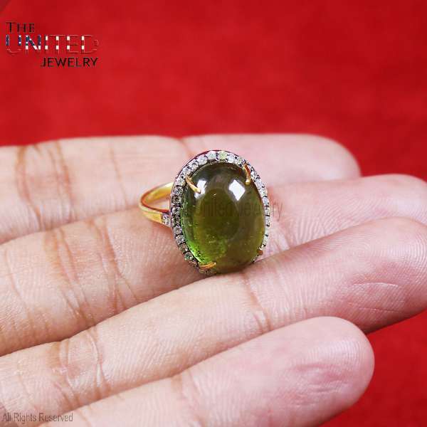 Natural Green Tourmaline Statement Ring in 925 Sterling Silver