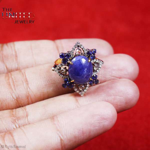 925 Sterling Silver Star Sapphire Statement Ring – Vintage Floral Cluster Cocktail Ring