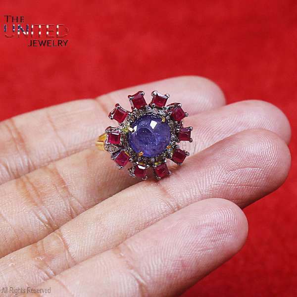 925 Sterling Silver Blue Sapphire & Emerald Floral Ring