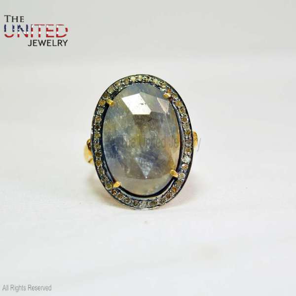 925 Sterling Silver Oval Labradorite Halo Ring – Gold Plated Artisan Statement Jewelry
