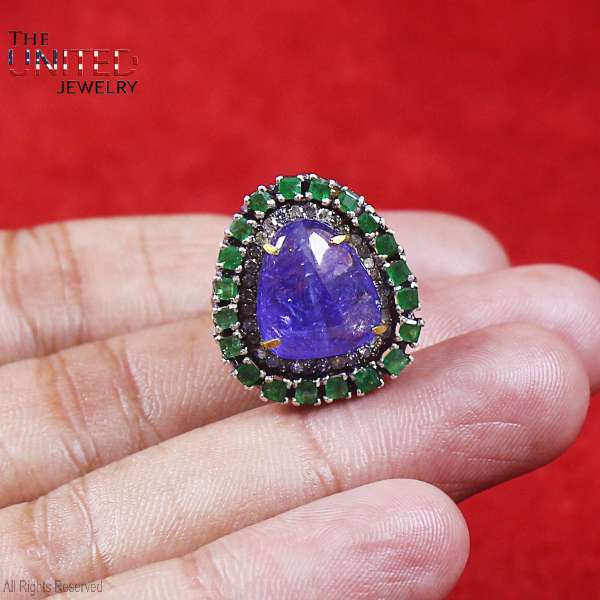 Natural Pear Tanzanite & Emerald Statement Ring in 925 Sterling Silver – Vintage Two-Tone Halo Cocktail Ring