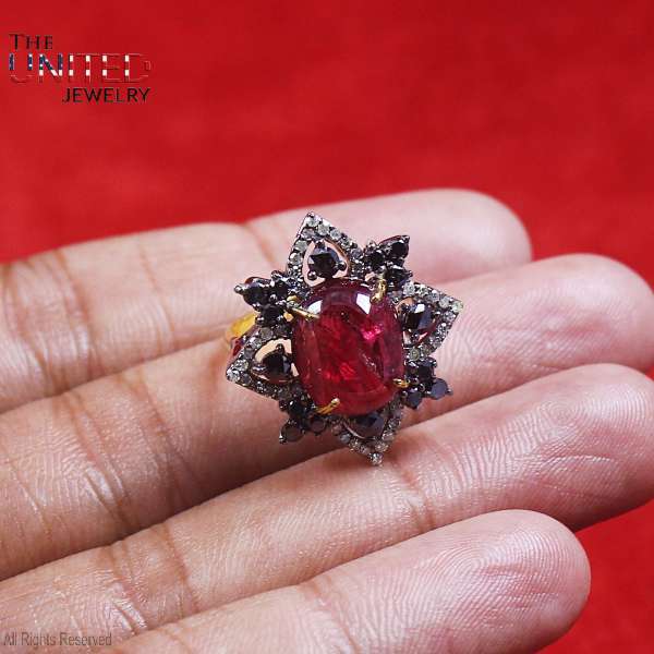 925 Sterling Silver Natural Ruby Starburst Ring