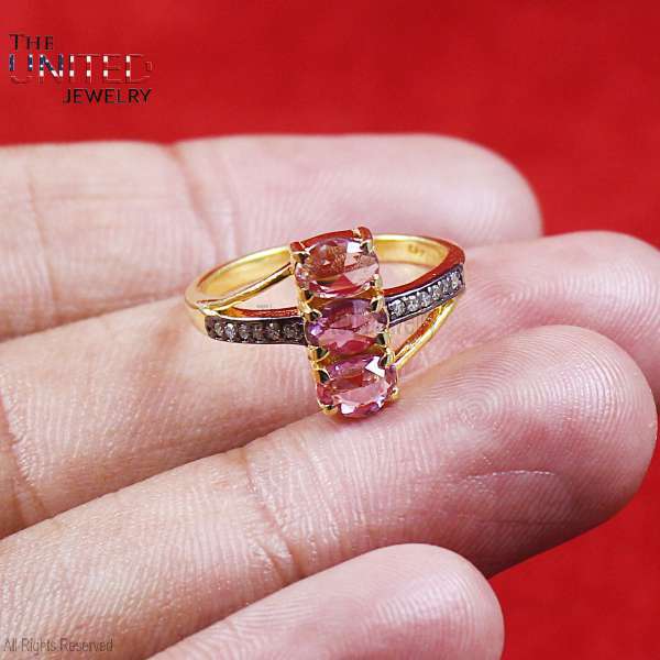 Natural Triple Pink Tourmaline Bypass Ring in 925 Sterling SilverNatural Triple Pink Tourmaline Bypass Ring in 925 Sterling Silver