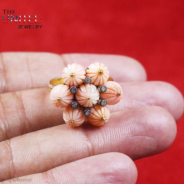 Artisan 925 Sterling Silver Pink Coral Flower Ring | Carved Floral Cluster Statement Band