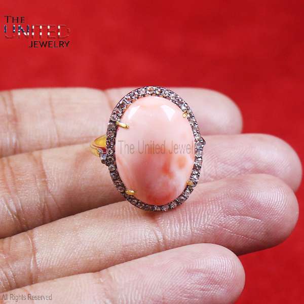 Natural Pink Coral Statement Ring in 925 Sterling Silver