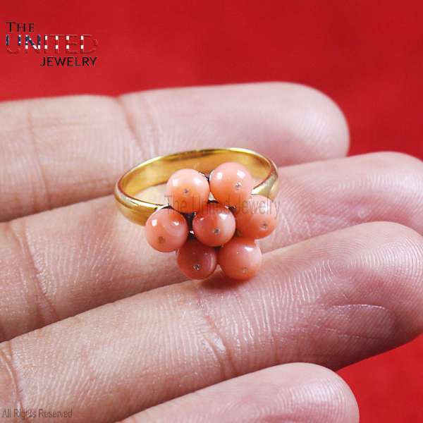 925 Sterling Silver Natural Pink Coral Bead Flower Ring