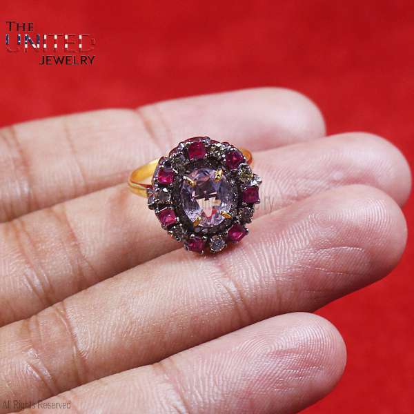 Lavender Amethyst & Ruby Shield Ring in 925 Sterling Silver