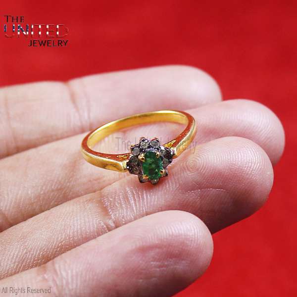 925 Sterling Silver Emerald & Rose Quartz Halo Ring