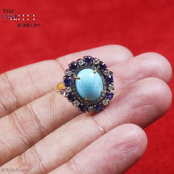 Natural Turquoise & Blue Sapphire Statement Ring in 925 Sterling Silver