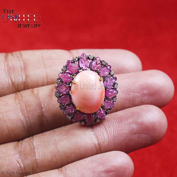 Natural Pink Coral & Ruby 925 Sterling Silver Ring | Vintage Halo Statement Band
