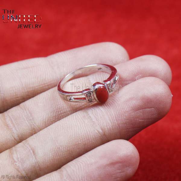 Dainty 925 Sterling Silver Oval Red Coral Minimalist Statement Ring