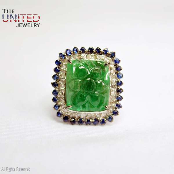 925 Sterling Silver Hand-Carved Emerald Green Jade Floral Cocktail Ring