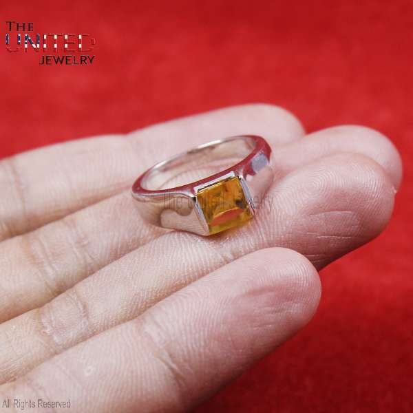 Natural Citrine 925 Sterling Silver Ring | Emerald-Cut Golden Gemstone Solitaire Band