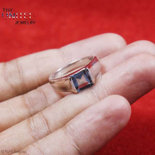 Blue Sapphire 925 Sterling Silver Ring | Modern Geometric Statement Solitaire Band