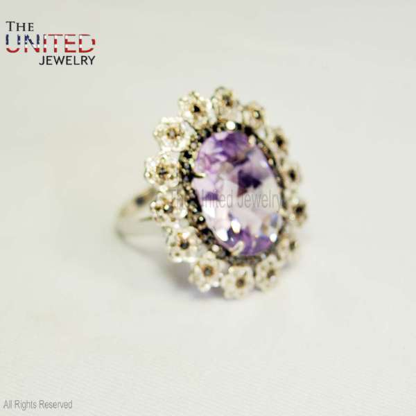 Vintage Floral Amethyst 925 Sterling Silver Statement Ring
