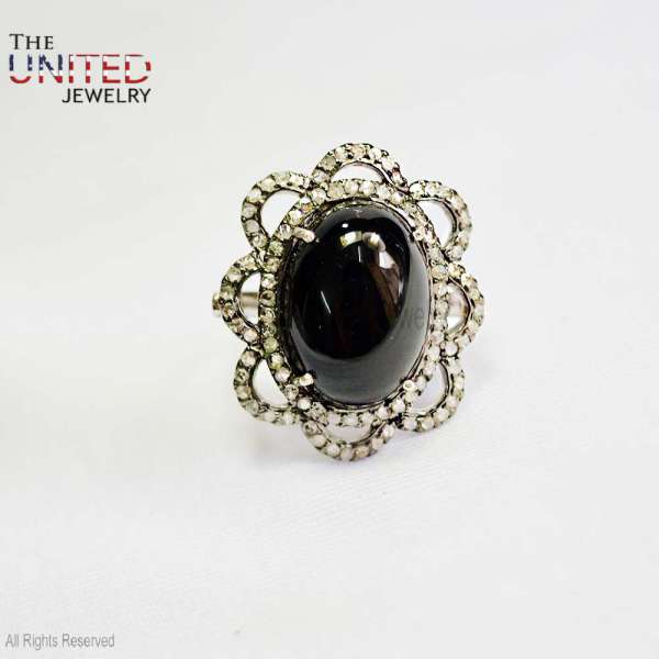 925 Sterling Silver Black Onyx Scalloped Floral Halo Statement Ring925 Sterling Silver Black Onyx Scalloped Floral Halo Statement Ring