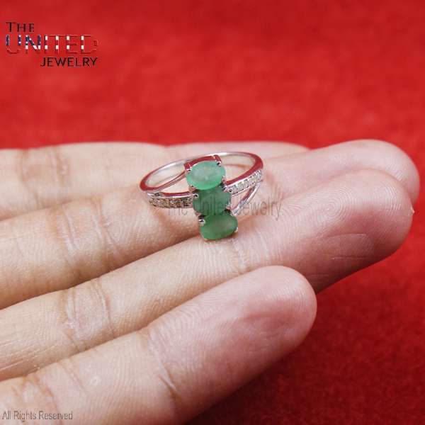 Three-Stone Green Emerald 925 Sterling Silver Ring Jewelry