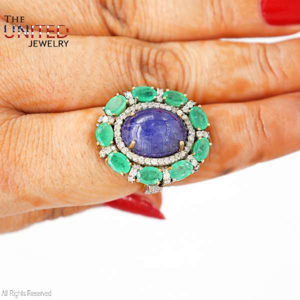 Tanzanite & Emerald Halo 925 Sterling Silver Statement Ring