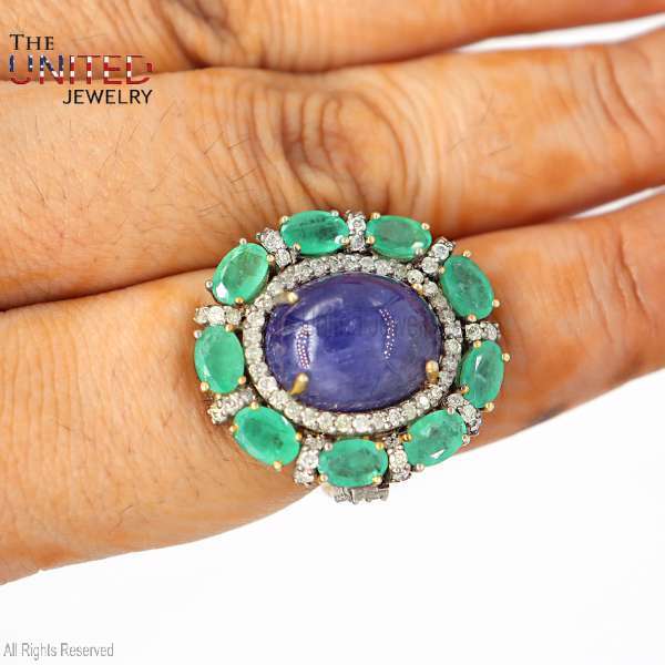 Tanzanite & Emerald Halo 925 Sterling Silver Statement Ring