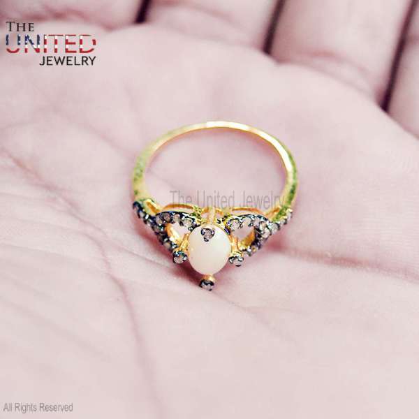 925 Sterling Silver Gold-Plated Oval Opal Promise Ring with Heart Accents