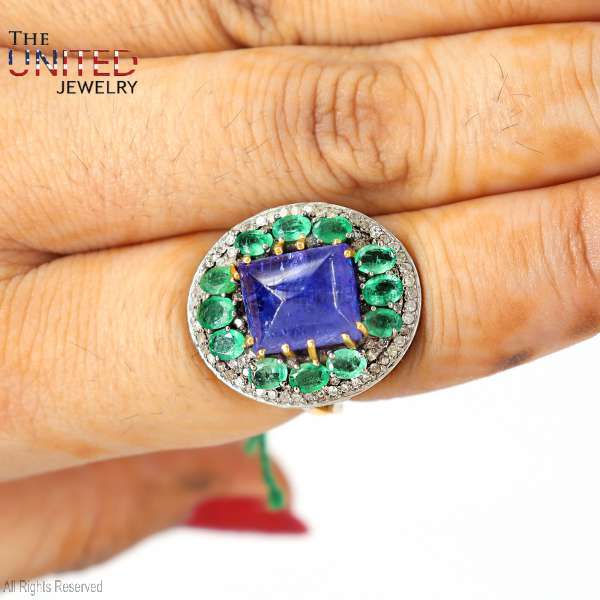 Square Tanzanite & Emerald Halo 925 Sterling Silver Ring