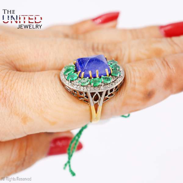 Square Tanzanite & Emerald Halo 925 Sterling Silver Ring