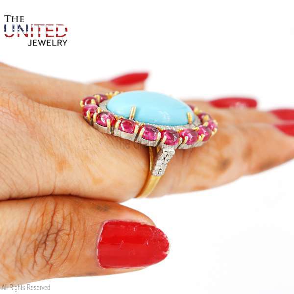 Oval Turquoise and Ruby Halo 925 Sterling Silver Statement Ring
