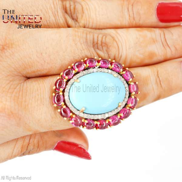 Oval Turquoise and Ruby Halo 925 Sterling Silver Statement Ring