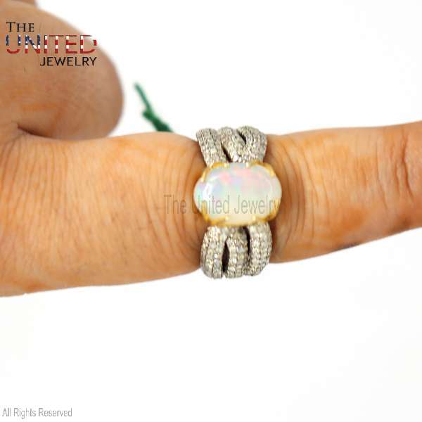 White Opal & Diamond Accent 925 Sterling Silver Split Shank Ring