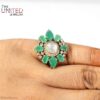 Polki Diamond and Pear Emerald 925 Sterling Silver Sunburst Ring