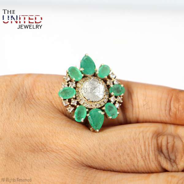 Polki Diamond and Pear Emerald 925 Sterling Silver Sunburst Ring