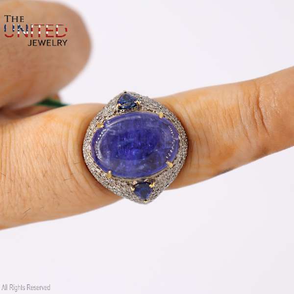 925 Sterling Silver Blue Tanzanite Cabochon Ring