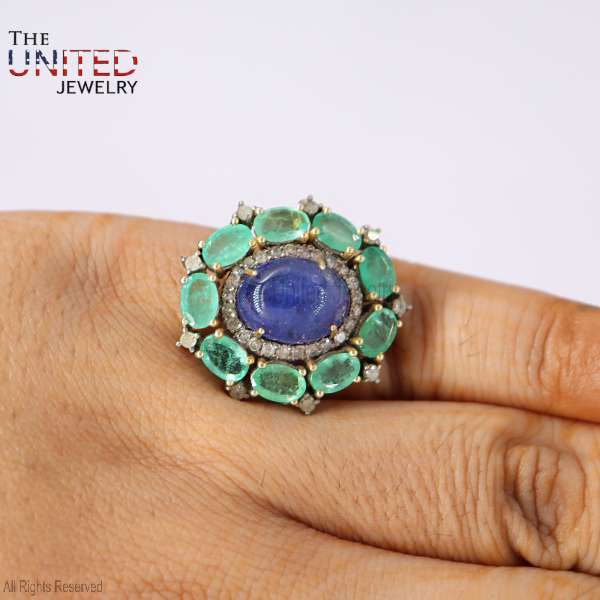 Oval Tanzanite and Emerald Sunburst 925 Sterling Silver Ring