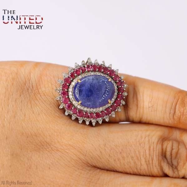 925 Sterling Silve Tanzanite, Ruby & Diamond Sunburst Ring