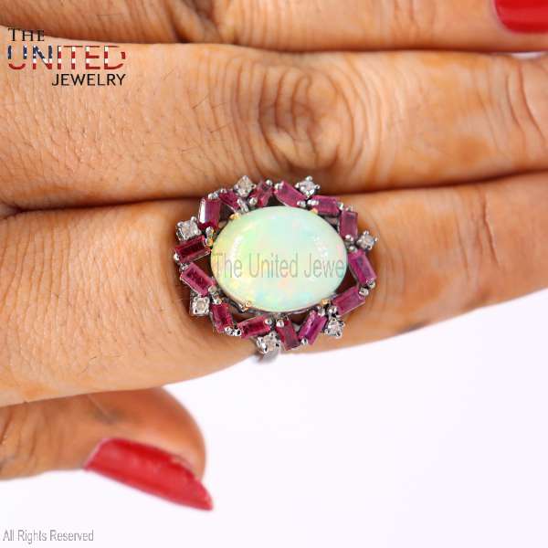 925 Sterling Silver Ethiopian Opal and Ruby Sunburst Halo Ring