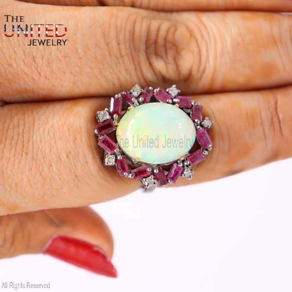 925 Sterling Silver Ethiopian Opal and Ruby Sunburst Halo Ring