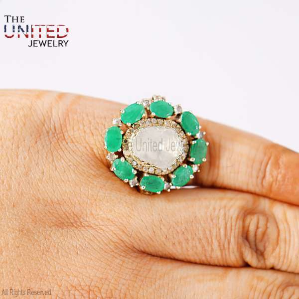 Uncut Polki Diamond & Emerald Halo 925 Sterling Silver Ring
