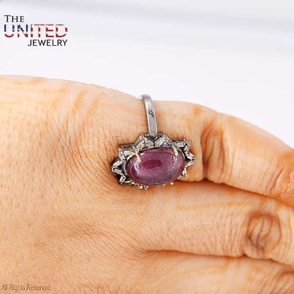 Oval Ruby Cabochon 925 Sterling Silver Sunburst Halo Ring