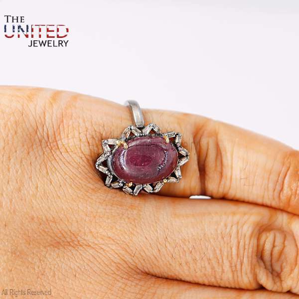 Oval Ruby Cabochon 925 Sterling Silver Sunburst Halo Ring