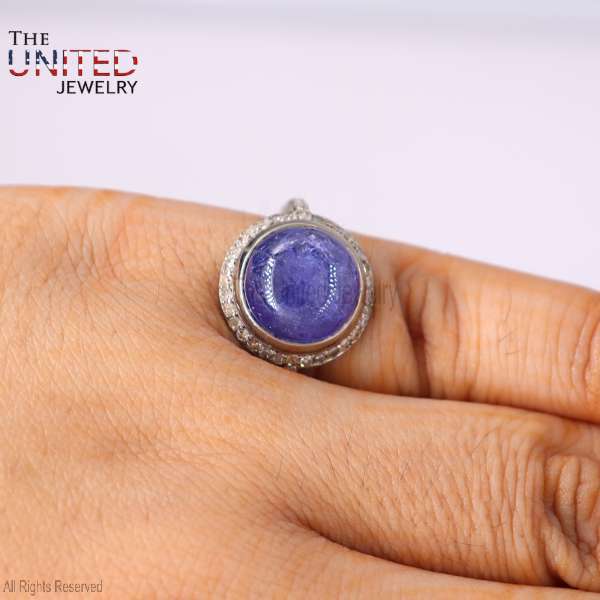 Round Tanzanite Cabochon 925 Sterling Silver Diamond Halo Ring